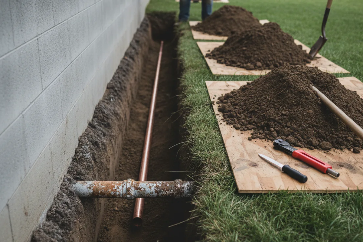 Excavated water line trench during Water Softener Installation in Springdale